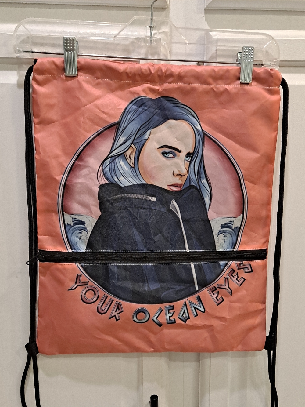 Billie Eilish Pink Cinch Drawstring Backpack with Ocean Portrait Graphic